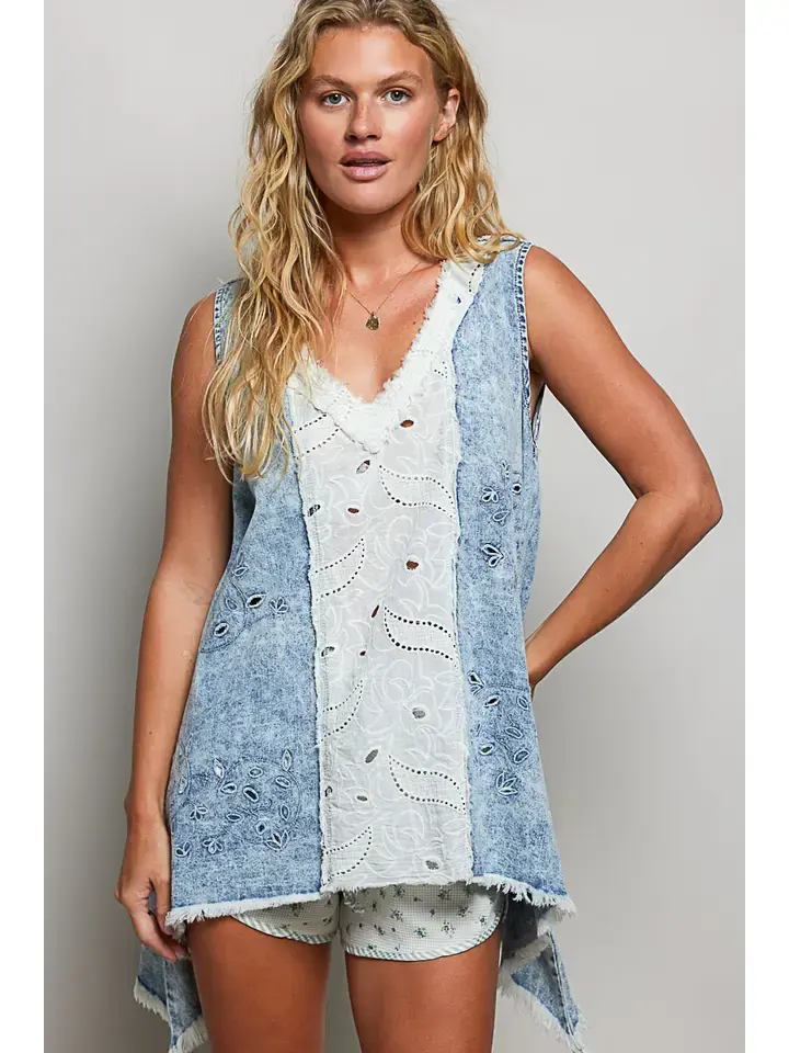 POL Sleeveless V Neck Eyelet Top
