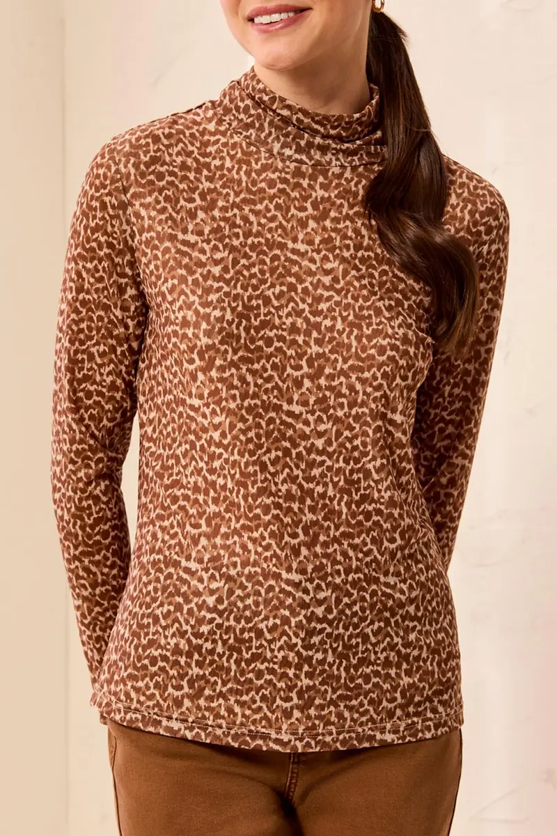 Printed Mesh Turtleneck Top in Hazelwood