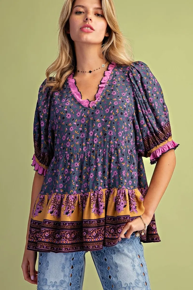 Printed Rayon Poplin Peplum Woven Top PREORDER