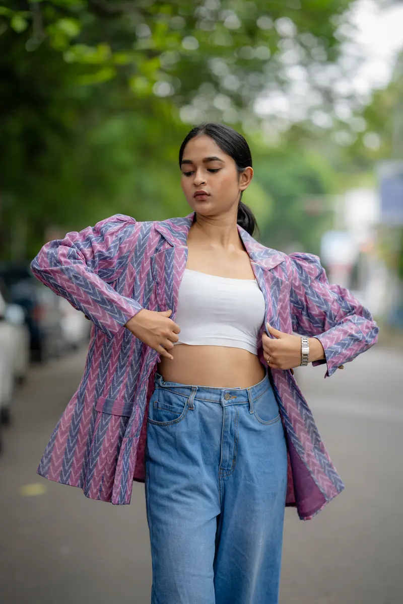 Purple Ikat Printed Handloom Cotton Jacket
