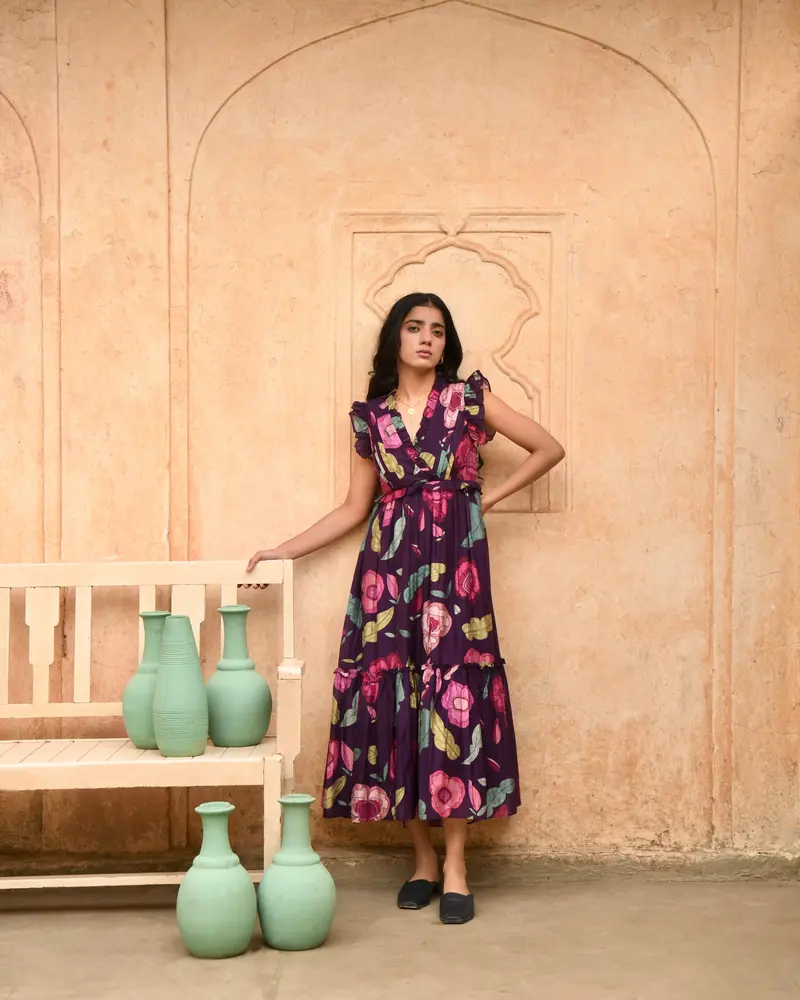 Purple Printed Midi Dress