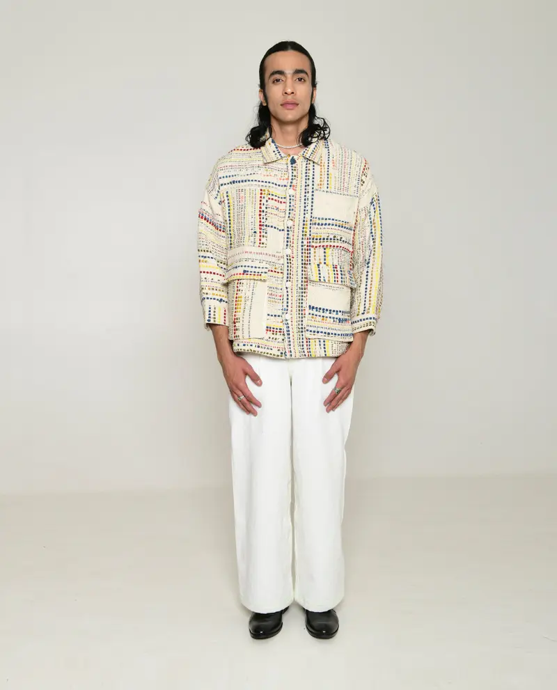 Recycled White Multi Colored Collared Cotton Shirt