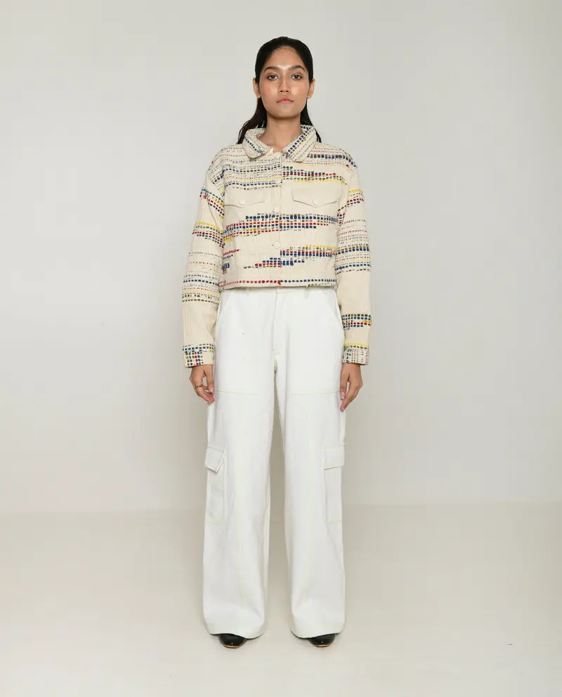 Recycled White Multi Colored Cropped Cotton Jacket