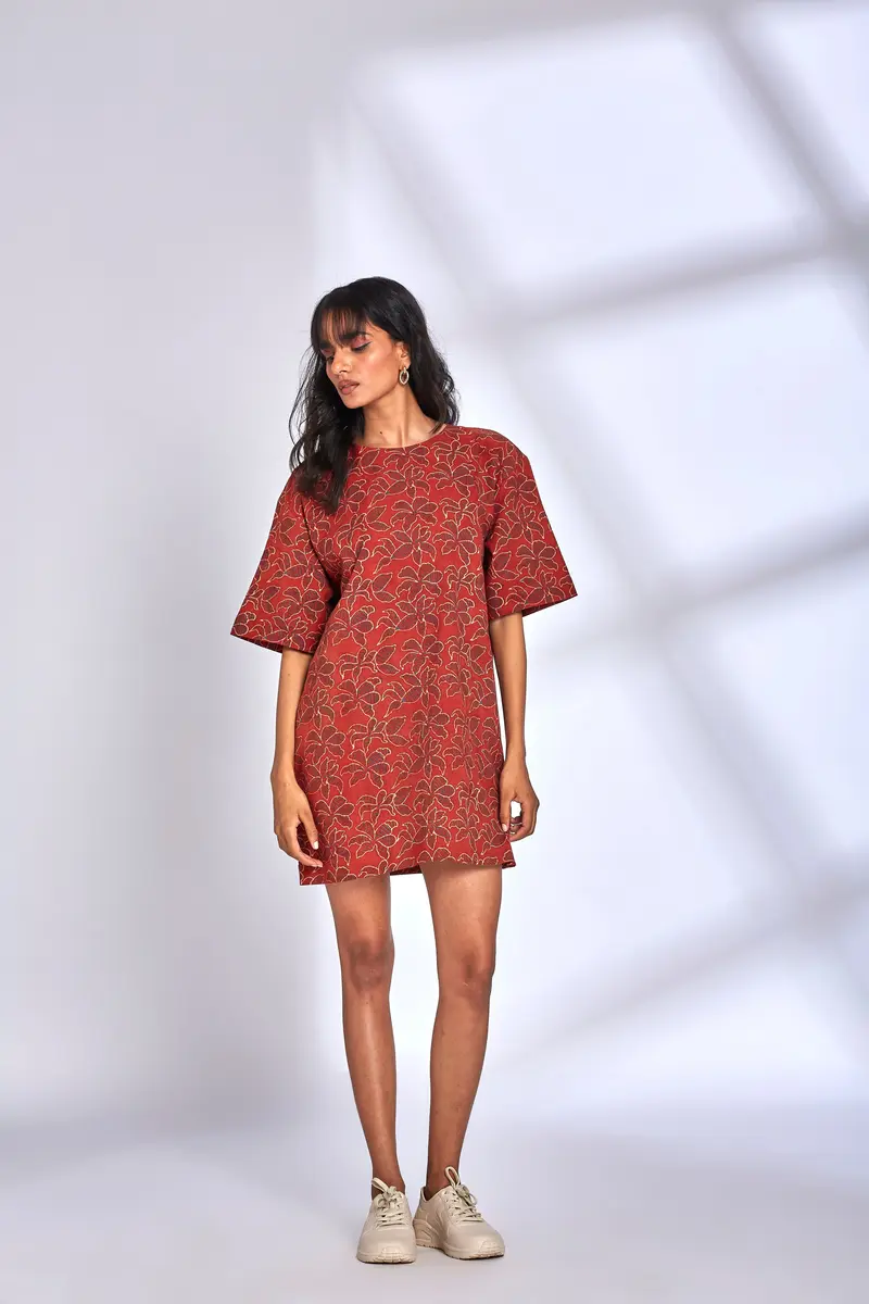 Red Ajrakh Printing Mini Dress