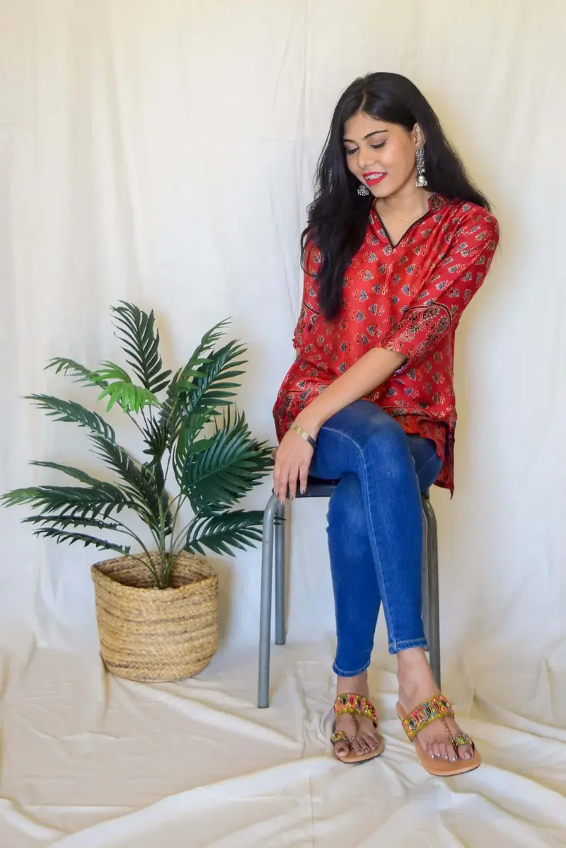 Red Ajrakh Short Kurta