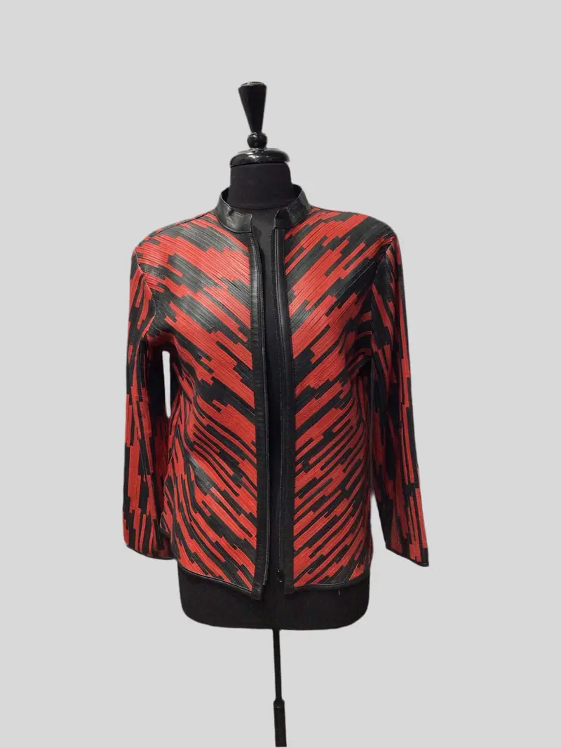 Red and Black Laser Cut Leather Jacket