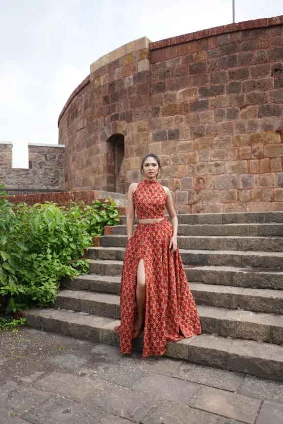Red Block Printed Lehenga Set