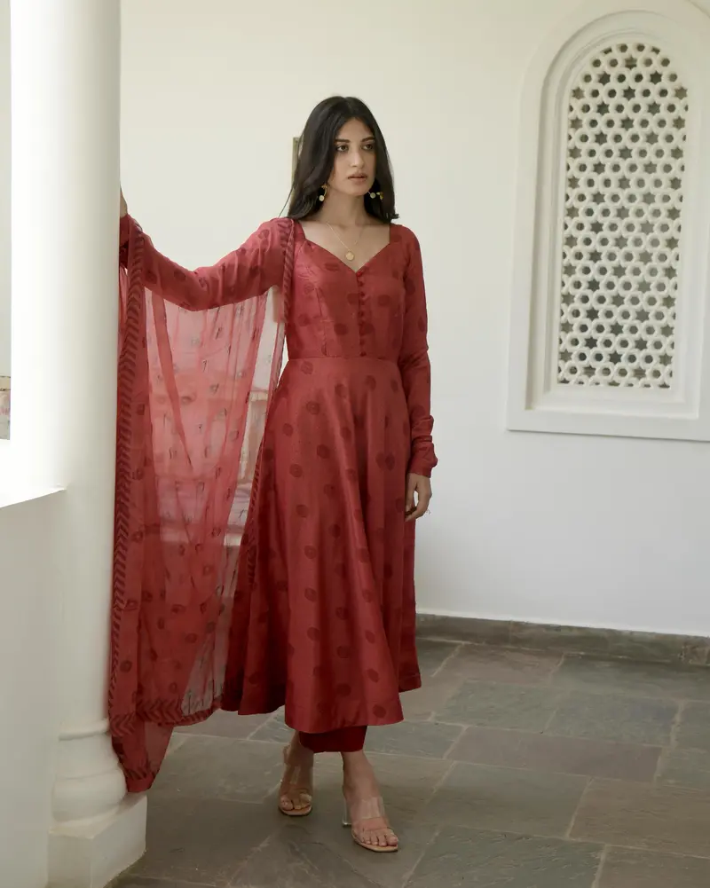 Red Chanderi Silk Kurta Set With Dupatta