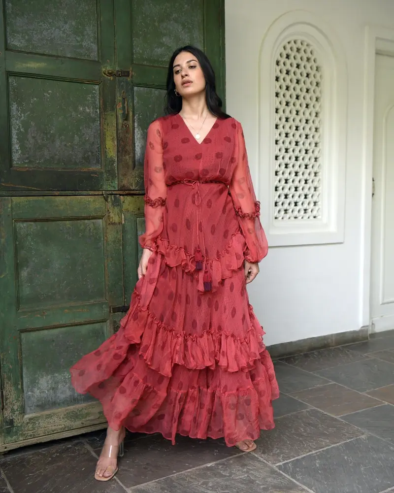 Red Chiffon Tiered Dress