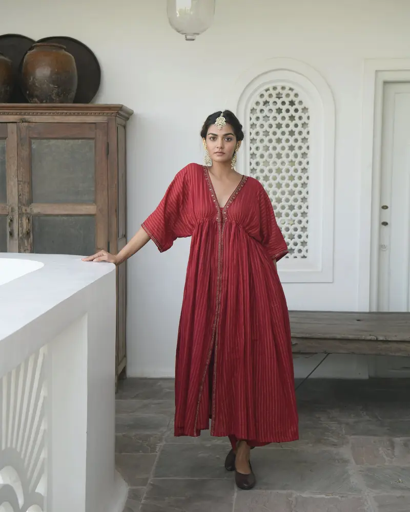 Red Embroidered Kaftan Set