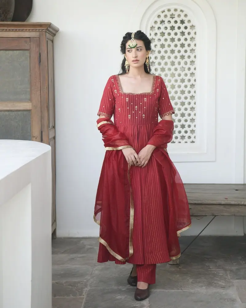 Red Embroidered Kurta Set With Dupatta