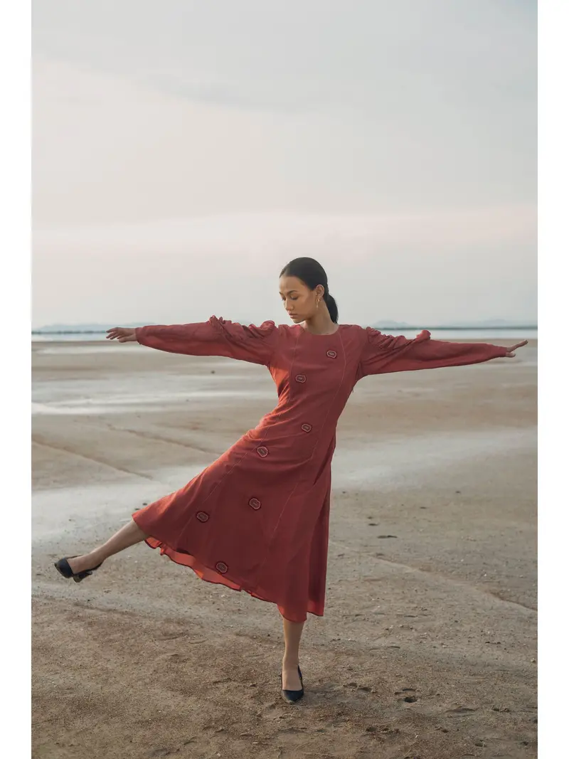 Red Embroidered Midi Dress