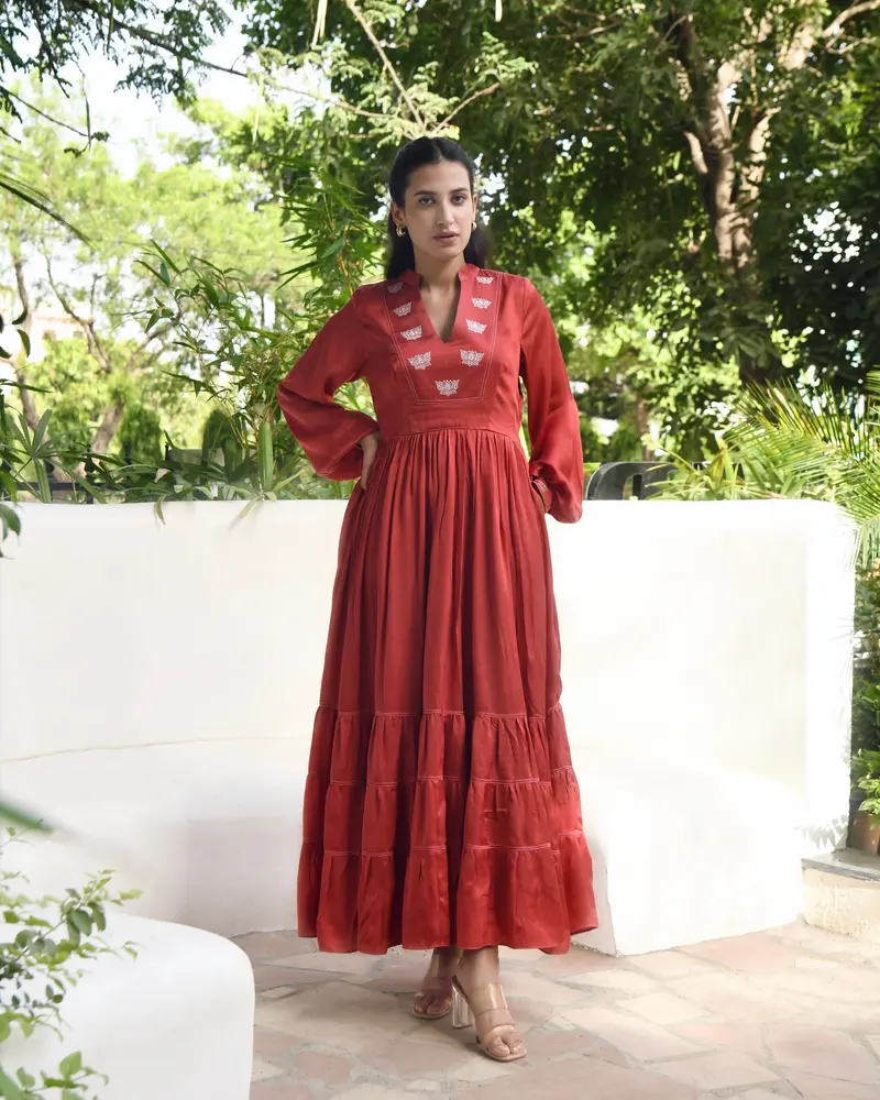 Red Embroidered Satin Maxi Dress