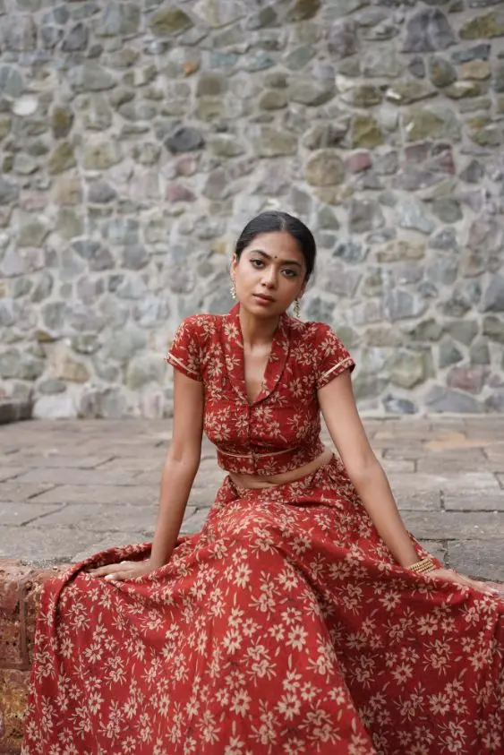 Red Hand Block Printed Lehenga Set