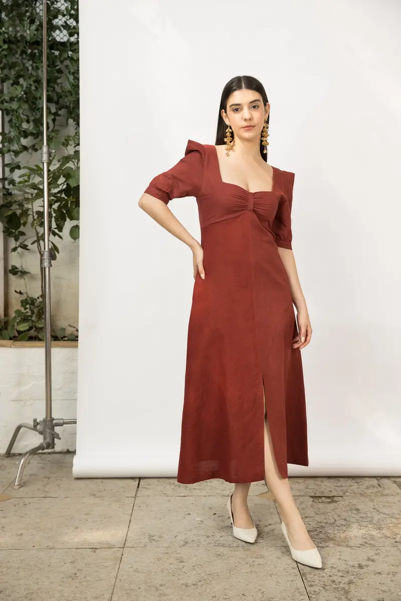 Red Midi Dress with Front Slit