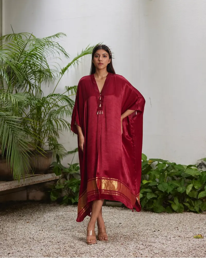 Red Silk Kaftan With Golden Border