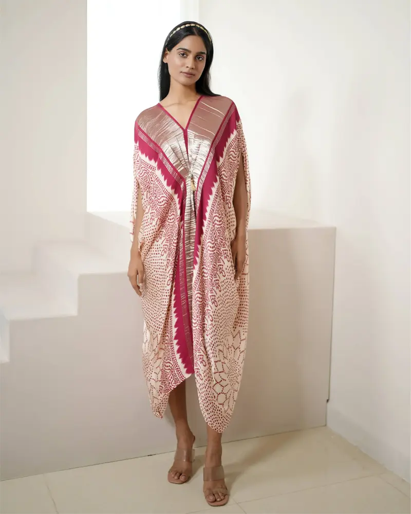 Red & White Bandhej Print Kaftan