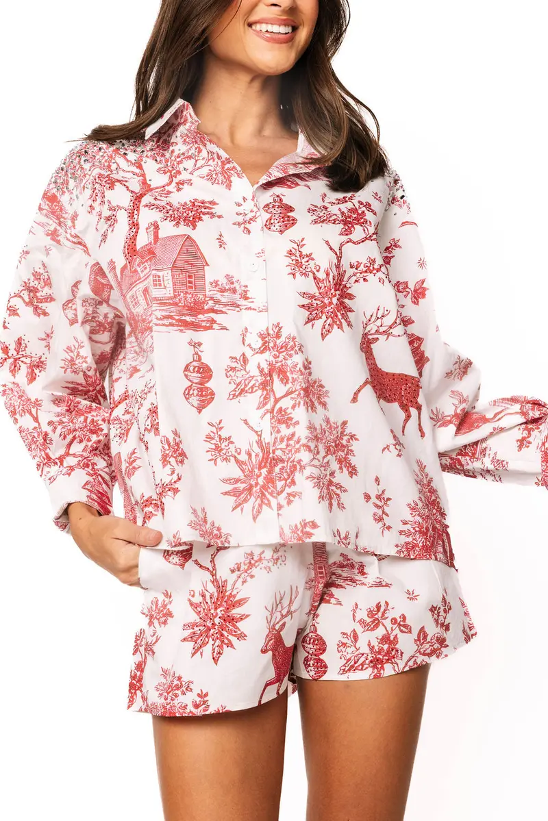 Red & White Christmas Toile Cotton Button Up Top