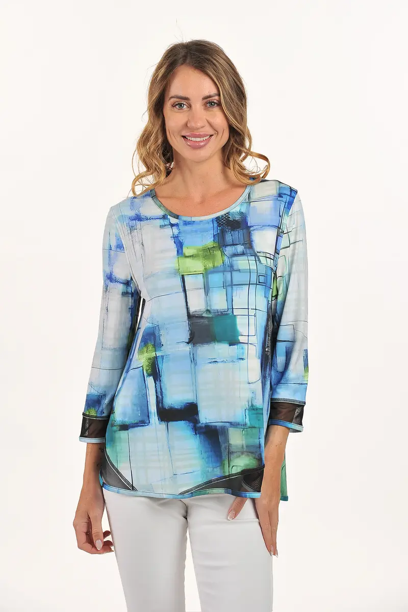 Reversible Aqua Abstract/Olive Grid Knit Top