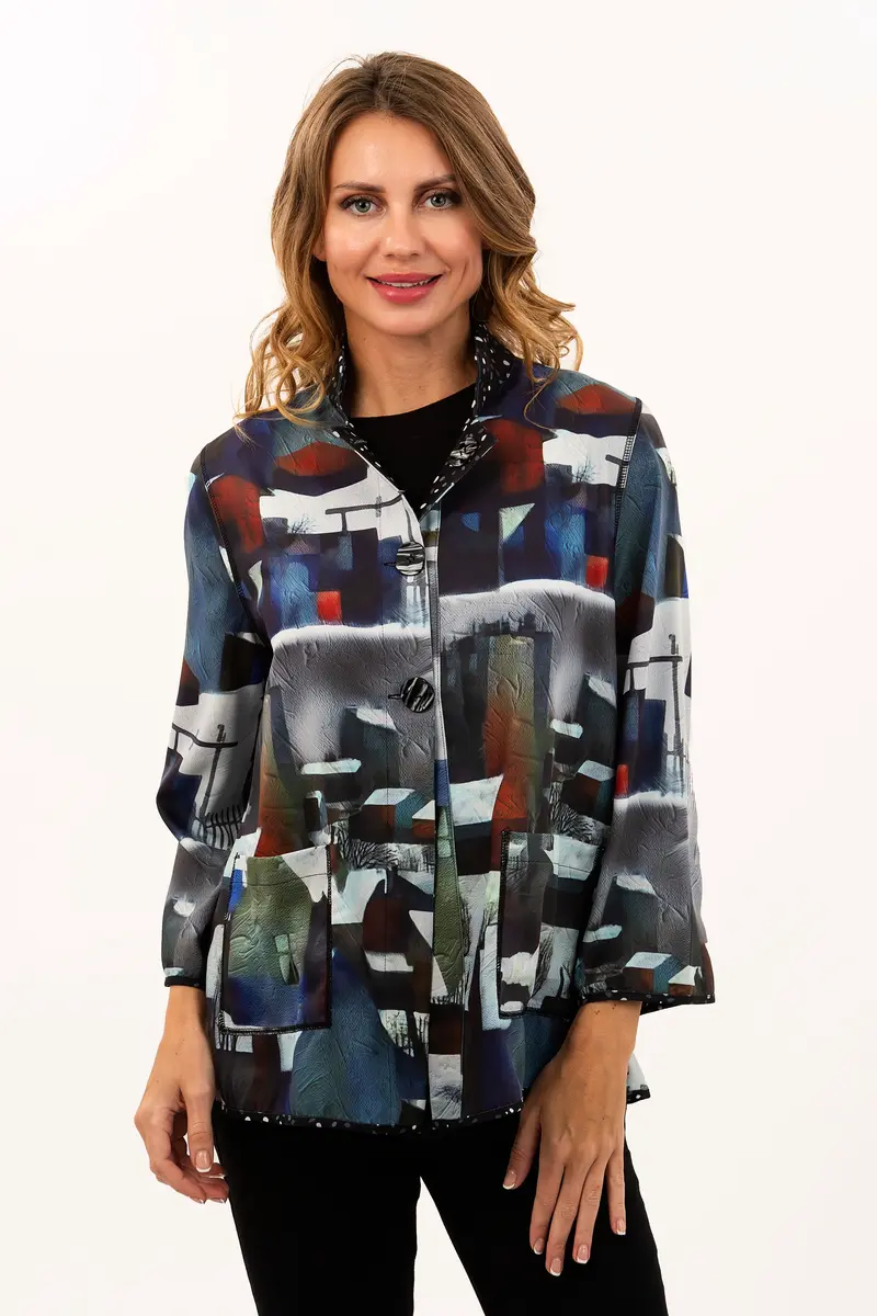 Reversible Black Dot/Abstract City High Collar Jacket