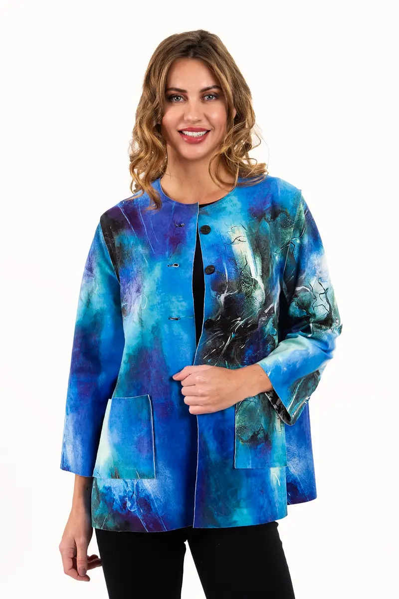 Reversible Blue Abstract / Black & White High Collar Jacket
