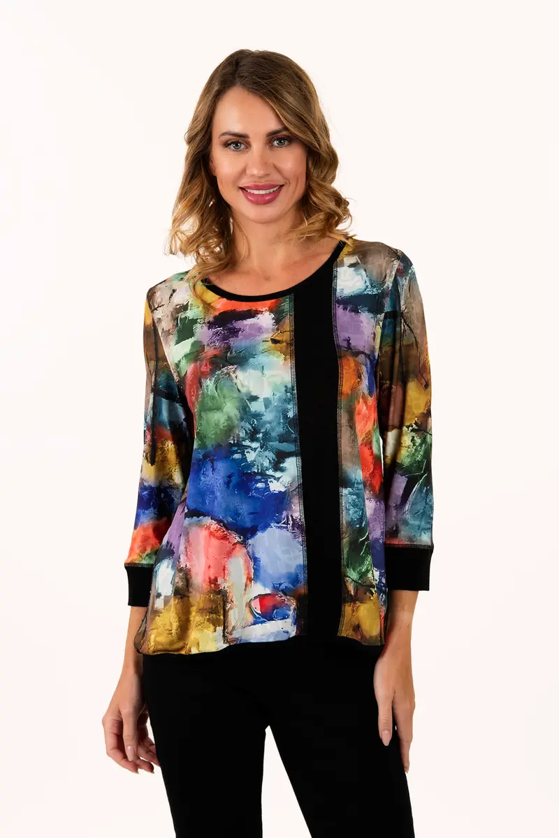 Reversible Multi Abstract/Black Script Long Sleeve Knit Top