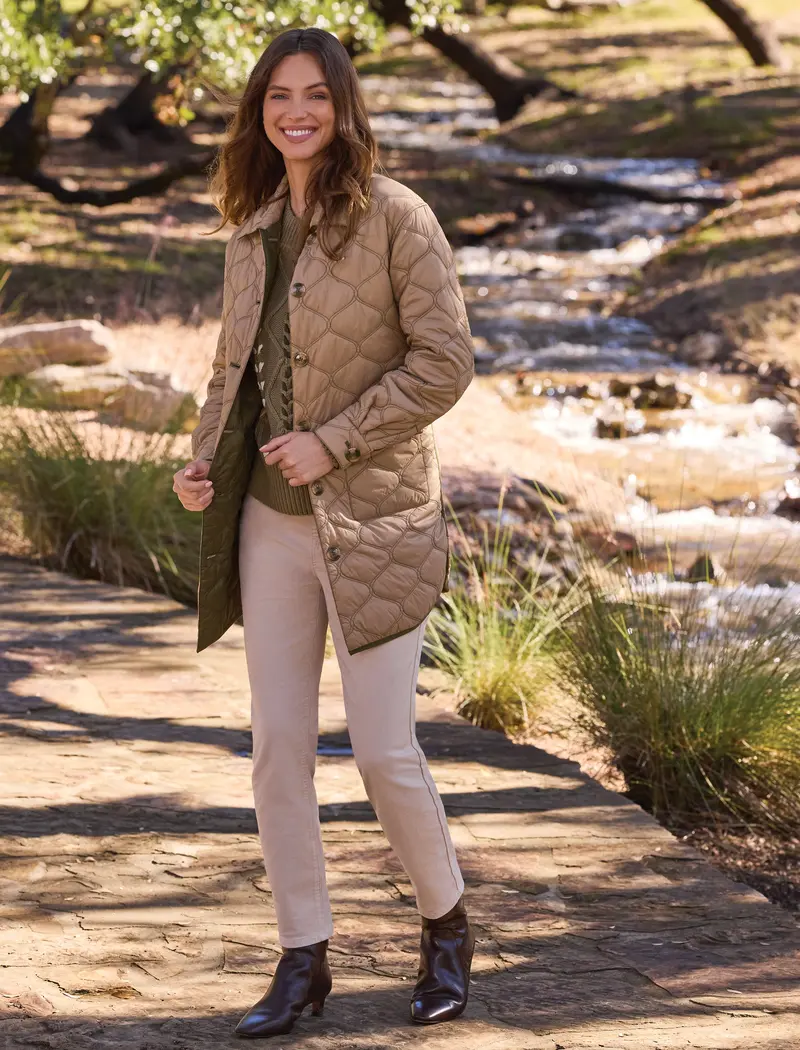 Reversible Quilted Button-Front Jacket in Suede/Olive