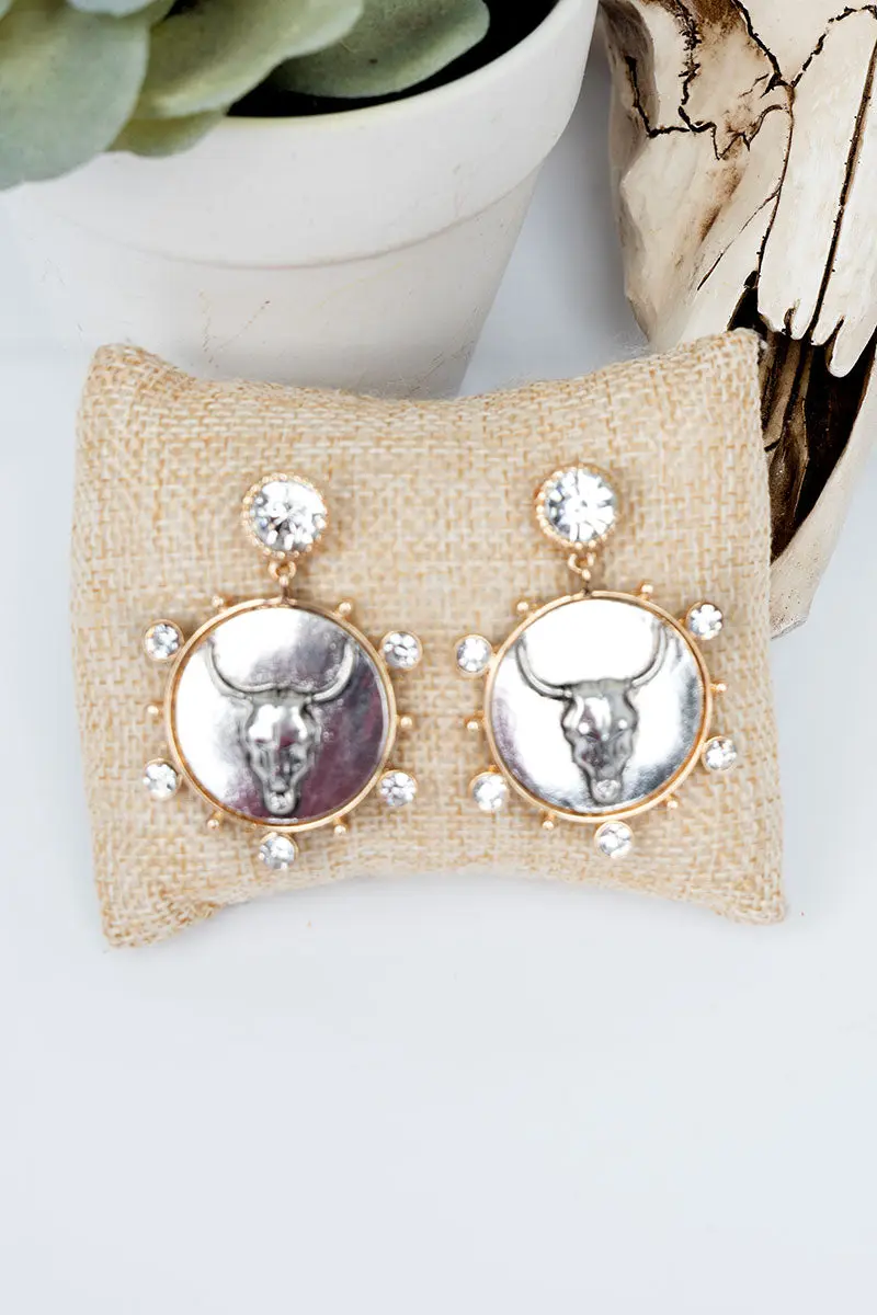 Rhinestone Rodeo Reign Two-Tone Steer Earrings