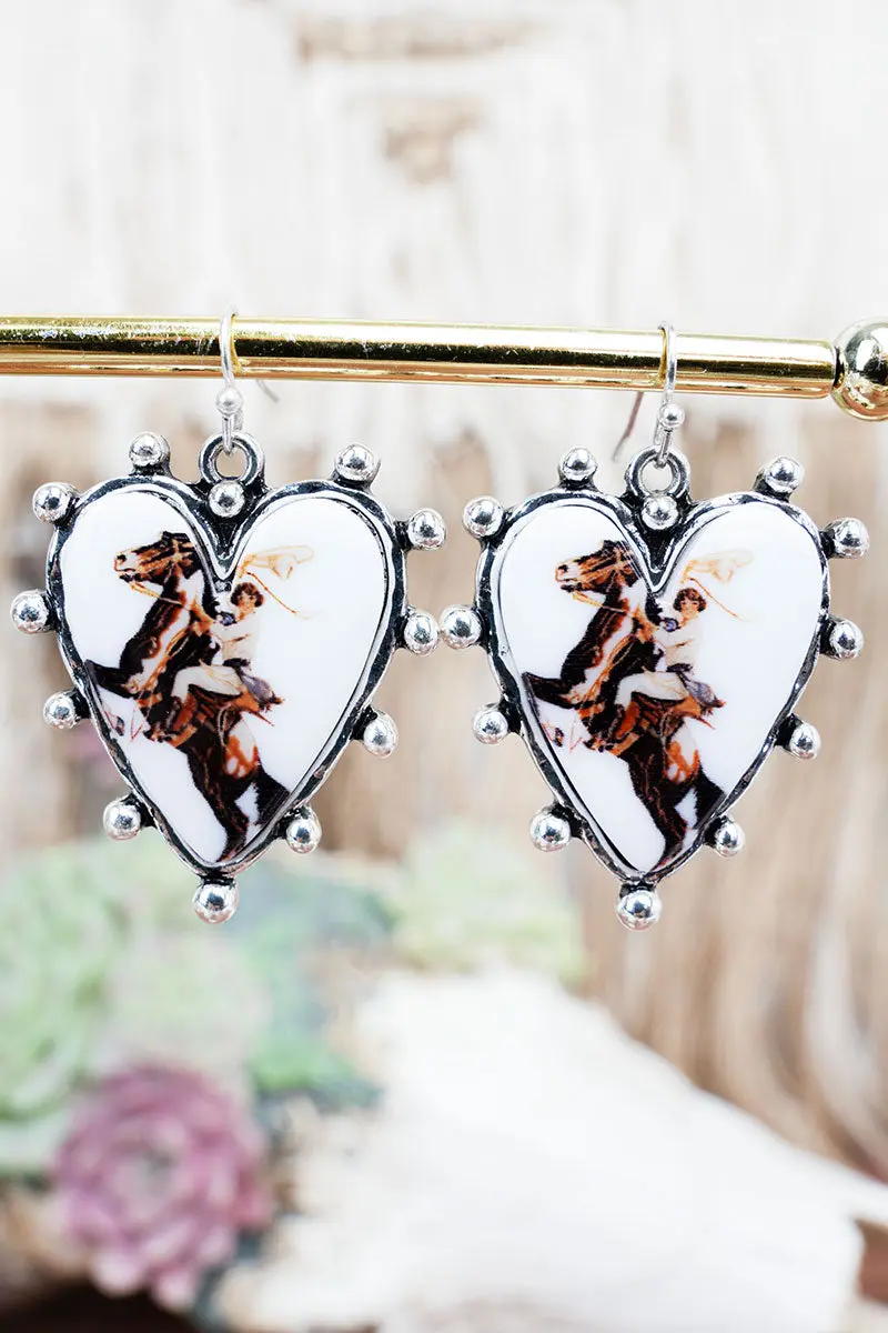 Rider's Heart Silvertone Studded Earrings