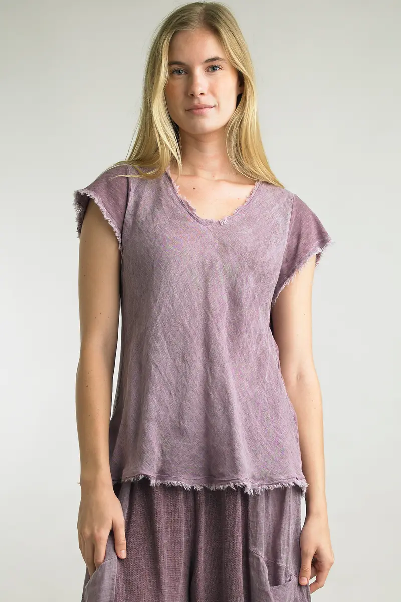 Rounded V-Neck Italian Textured Top