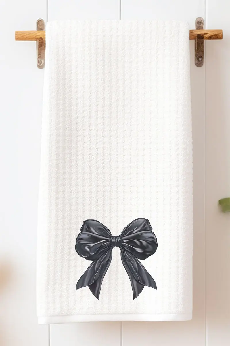 Satin Black Bow Waffle Kitchen Towel