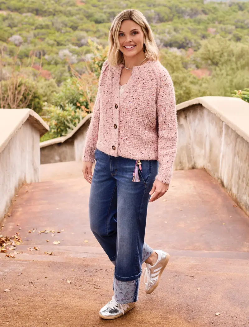 Sequined Button-Front Sweater Cardigan in Macaron