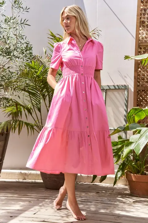 Short Sleeve Button Down Midi Dress