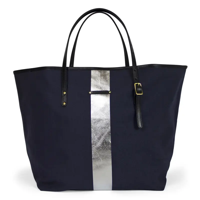 Silver Striped Beach Tote - Navy