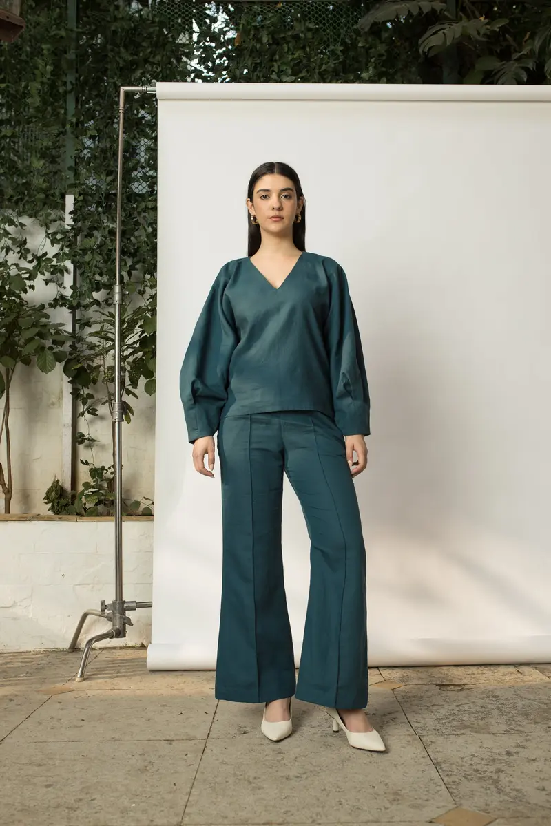 Solid Green Top with Dramatic Sleeves