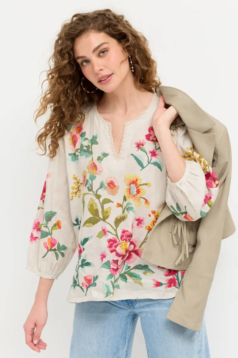 Split Neck Linen Blouse in Ecru Miraze