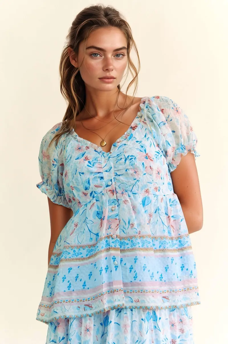 Spring Floral Border Print Ruffled Textured Top