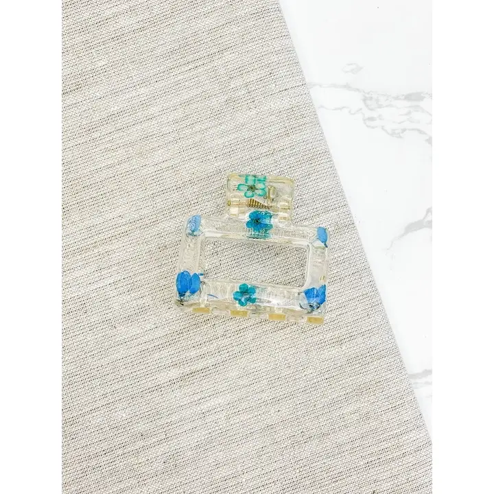 Square Pressed Flower Claw Hair Clips - Blue