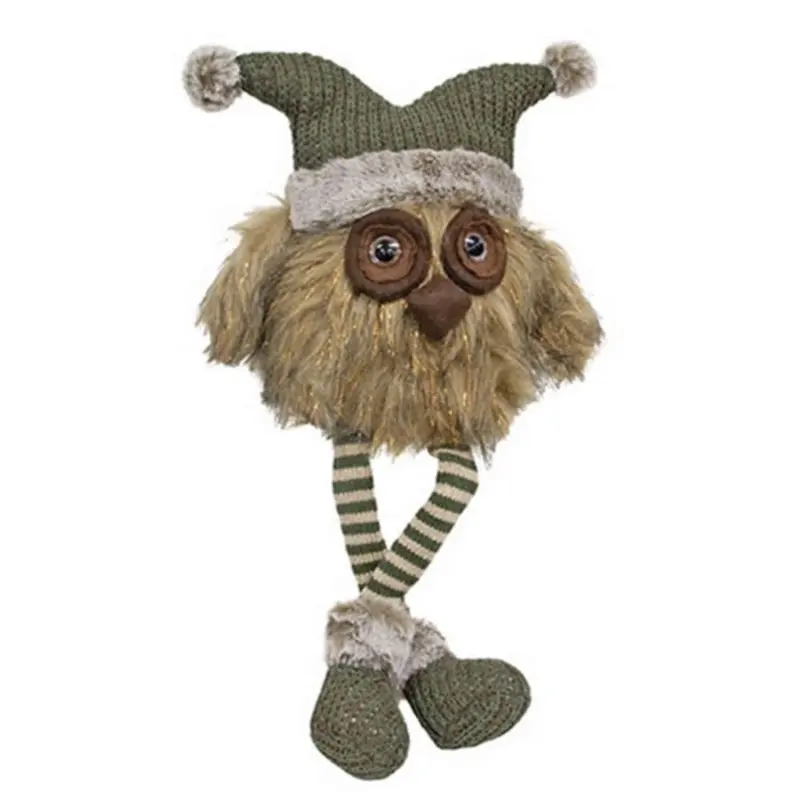 Standing Fur Owl with Green Knit Hat