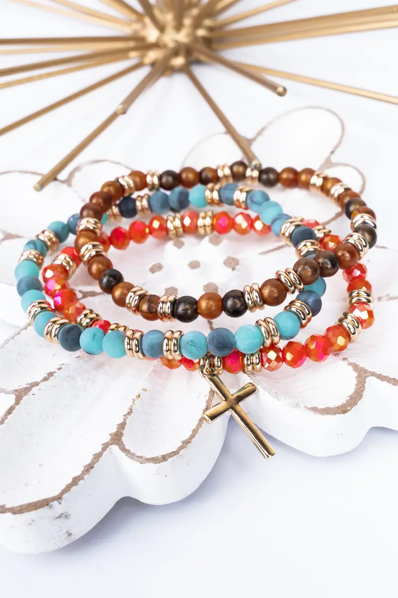 Stella Beaded Goldtone Cross Bracelet Set