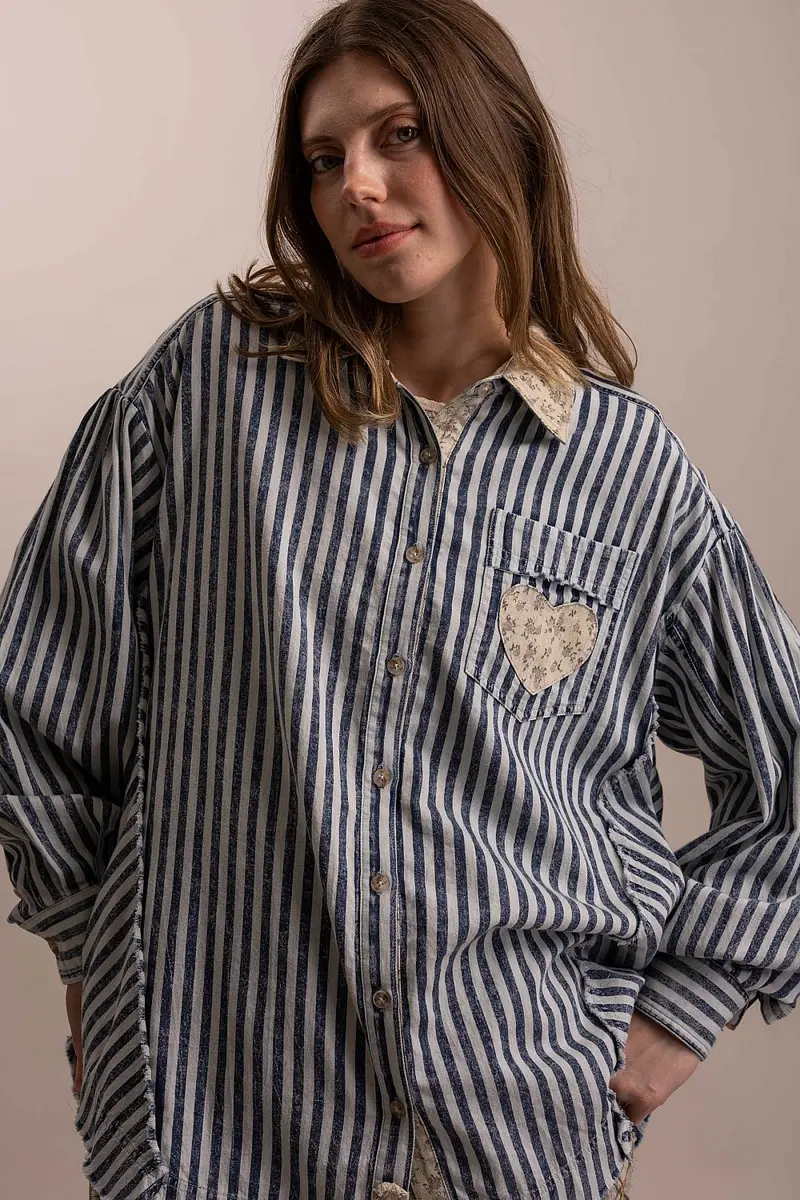 Stripe Collard Neck Button Down Long Sleeve Top - PREORDER