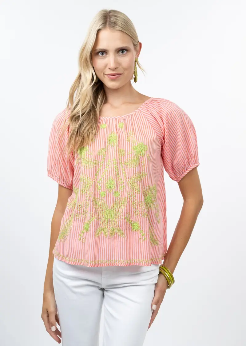 Stripe Embroidered Top in Pink