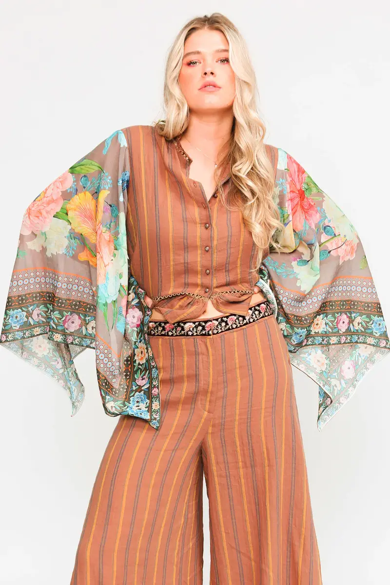 Striped Blouse With Floral Border Print Sleeves
