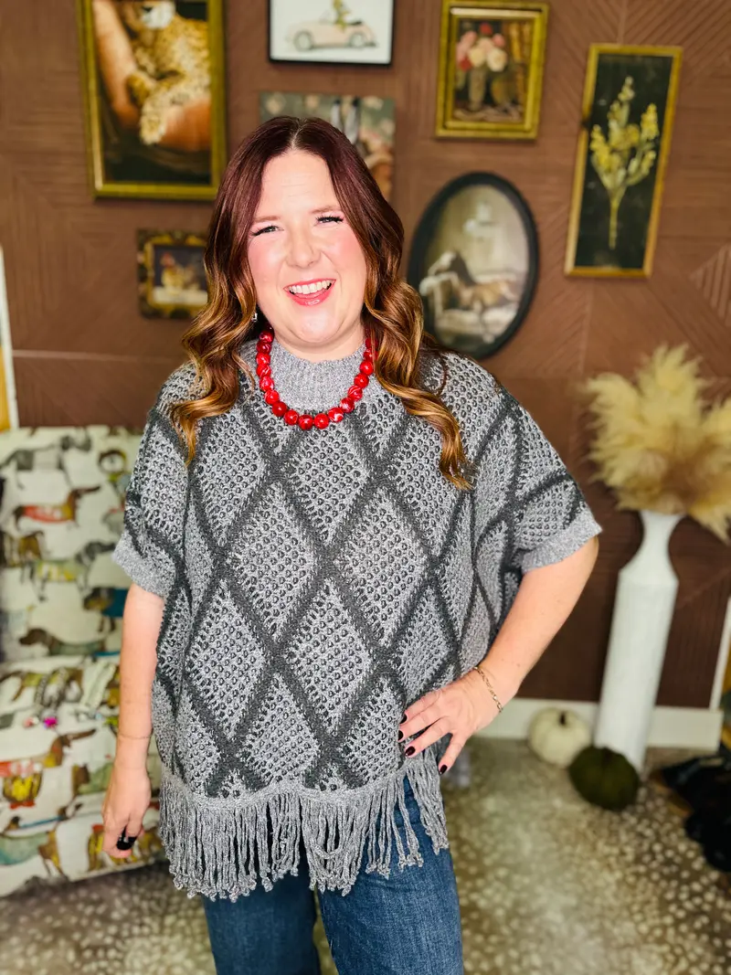 Sweater Poncho With Fringe Hem