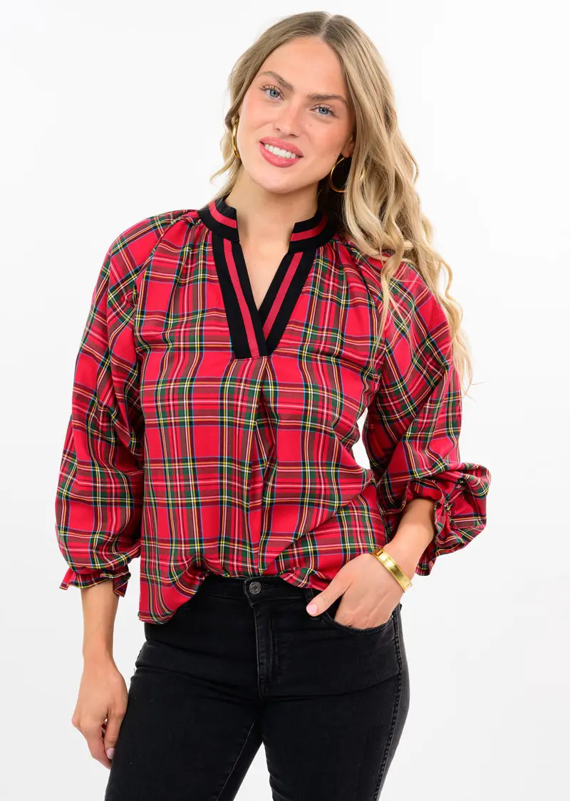 Tartan Plaid Popover Top in Red