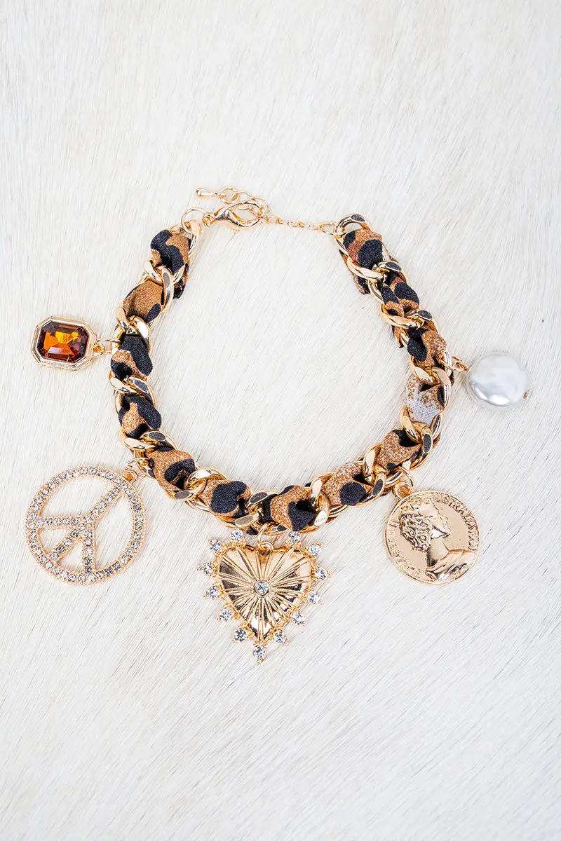 The Iconic Edit Leopard Fabric Chain Charm Bracelet