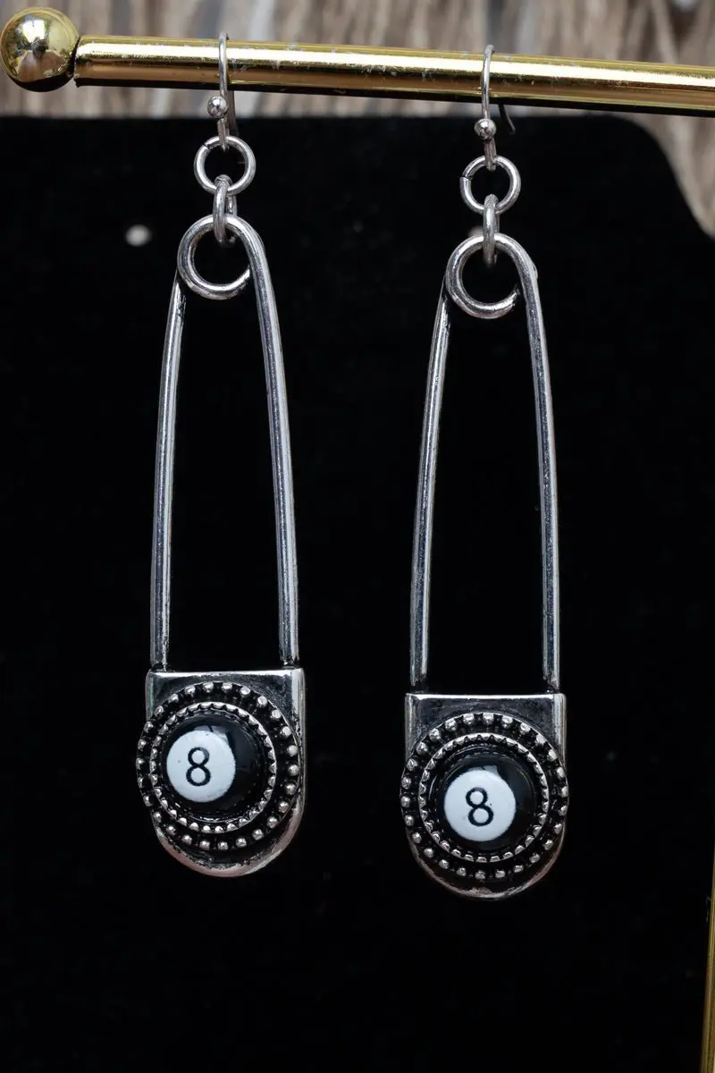TIPI 8 Ball Safety Pin Silvertone Earrings
