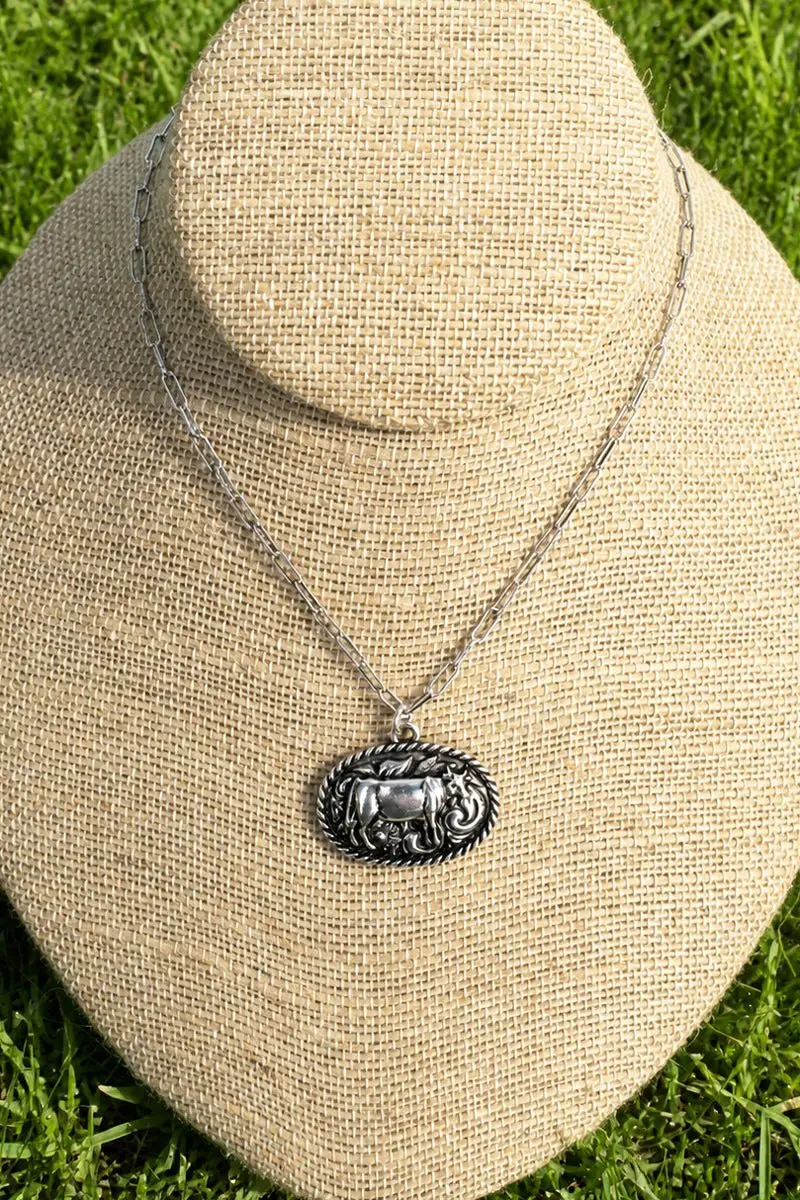 TIPI Rustic Roamer Cow Silvertone Necklace