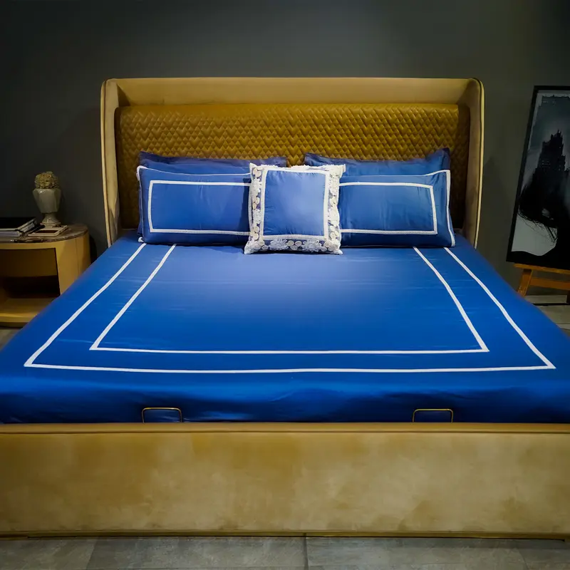 Trimmed Bliss| Designer Bed Sheet Set| Blue| 100%Cotton