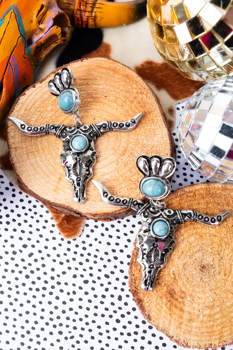 Turquoise and Silvertone Stanton Steer Earrings
